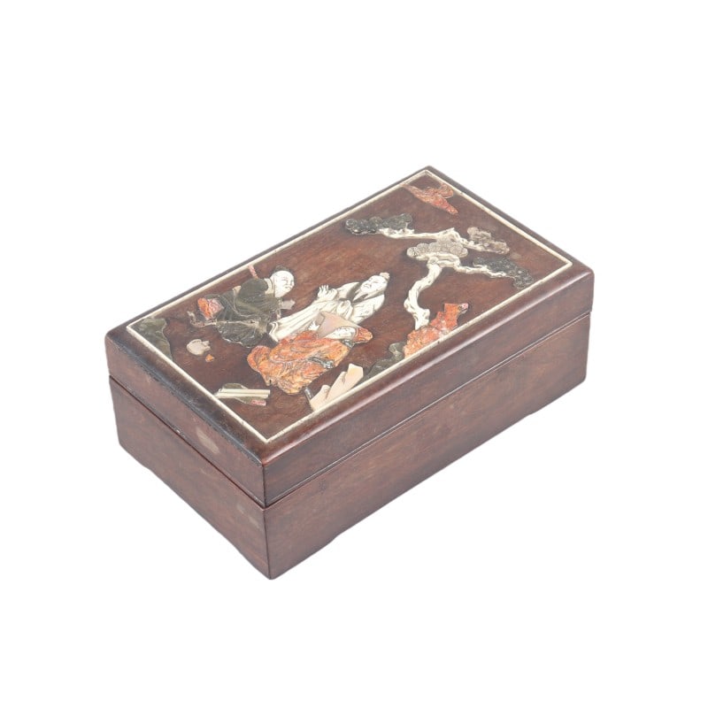 Wooden Hundred-treasures Inlaid Covered Box: H 7.5cm L 19.5cm W 11.5cm