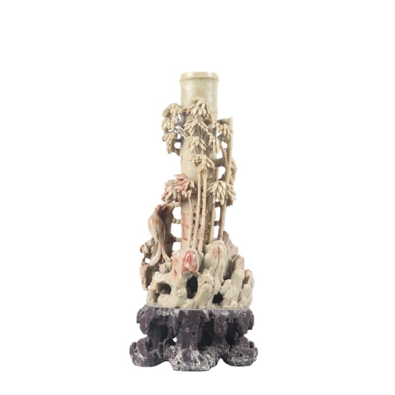 Shoushan Stone Carved Bamboo-and-Rock Ornament: H 32cm W 13cm