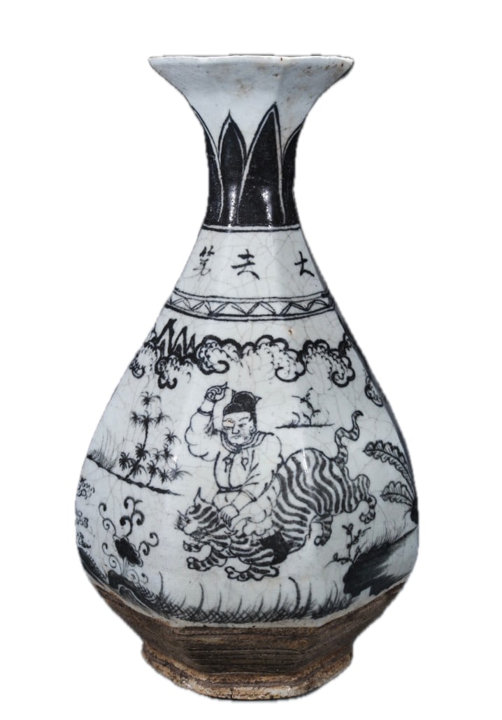 A blue and white porcelain melon-shaped vase with the inscription "Wu Song Fighting the Tiger" from (1 of 9)