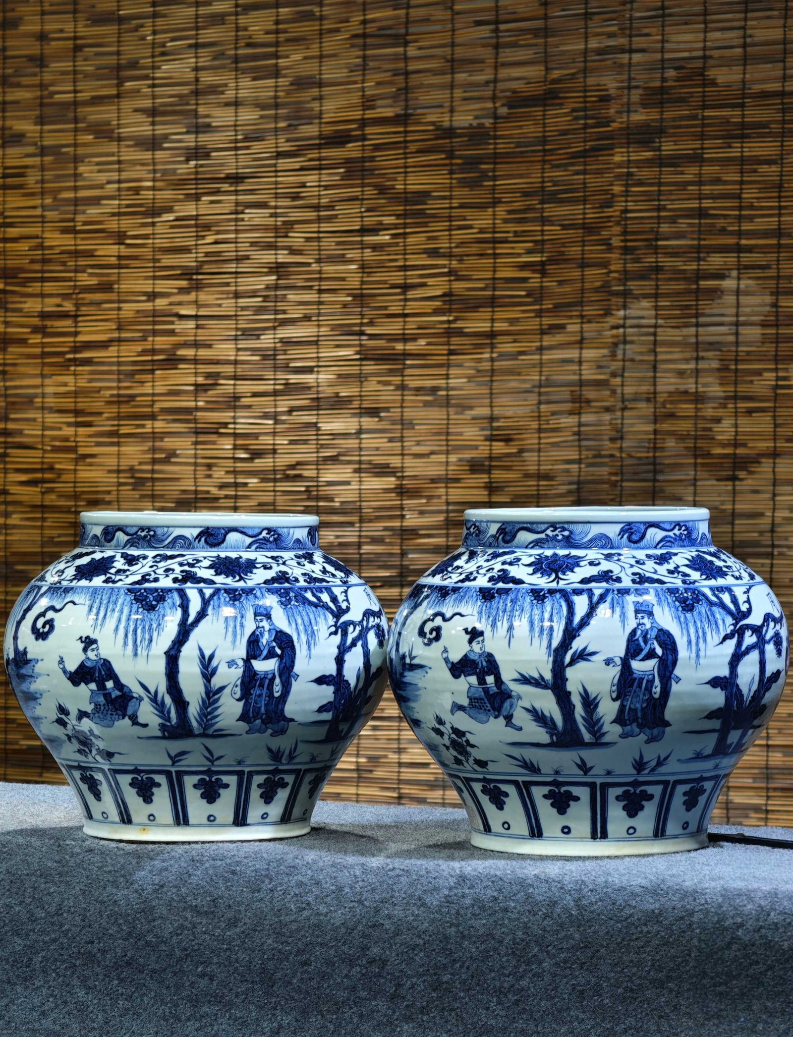 Formerly in the collection, Yuan blue and white porcelain jar with three marks, depicting a story of: Formerly in the collection, Yuan blue and white porcelain jar with three marks, depicting a story of seeking talent at the Wei River, 29 cm high and 35 cm wide. Provenance:Private collection from a pr