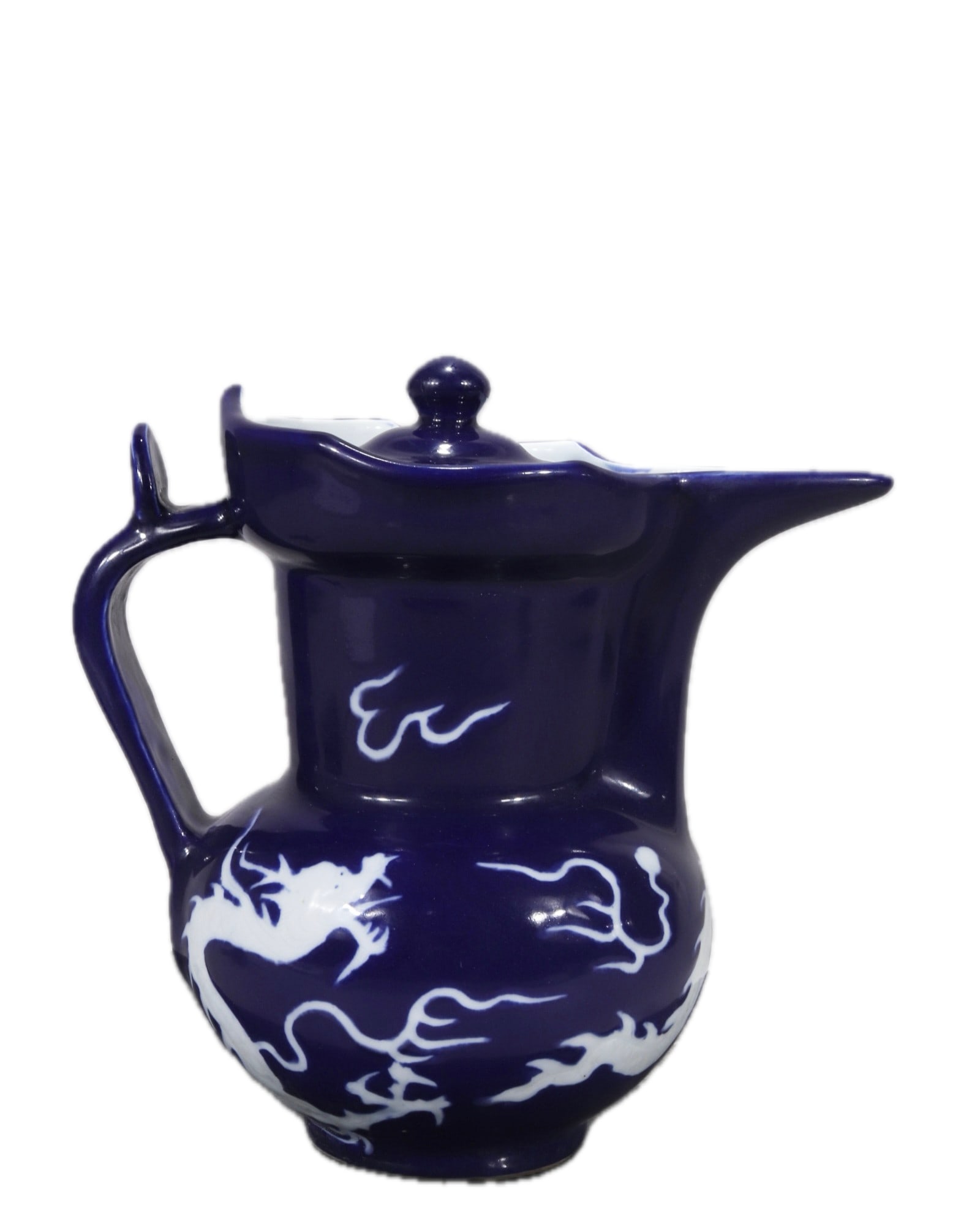 Formerly owned blue-glazed monk's cap ewer with white dragon design (1 of 9)