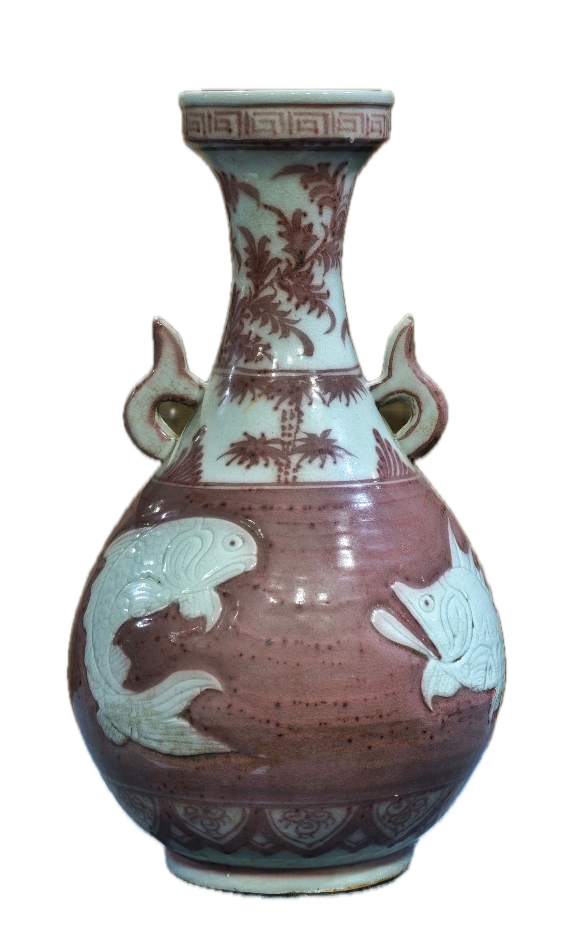 Formerly in the collection of a Ming Hongwu period underglaze red porcelain vase with white relief: Formerly in the collection of a Ming Hongwu period underglaze red porcelain vase with white relief carving of fish patterns, 46 cm high and 26 cm wide. Provenance:from a private collector in Luxembour