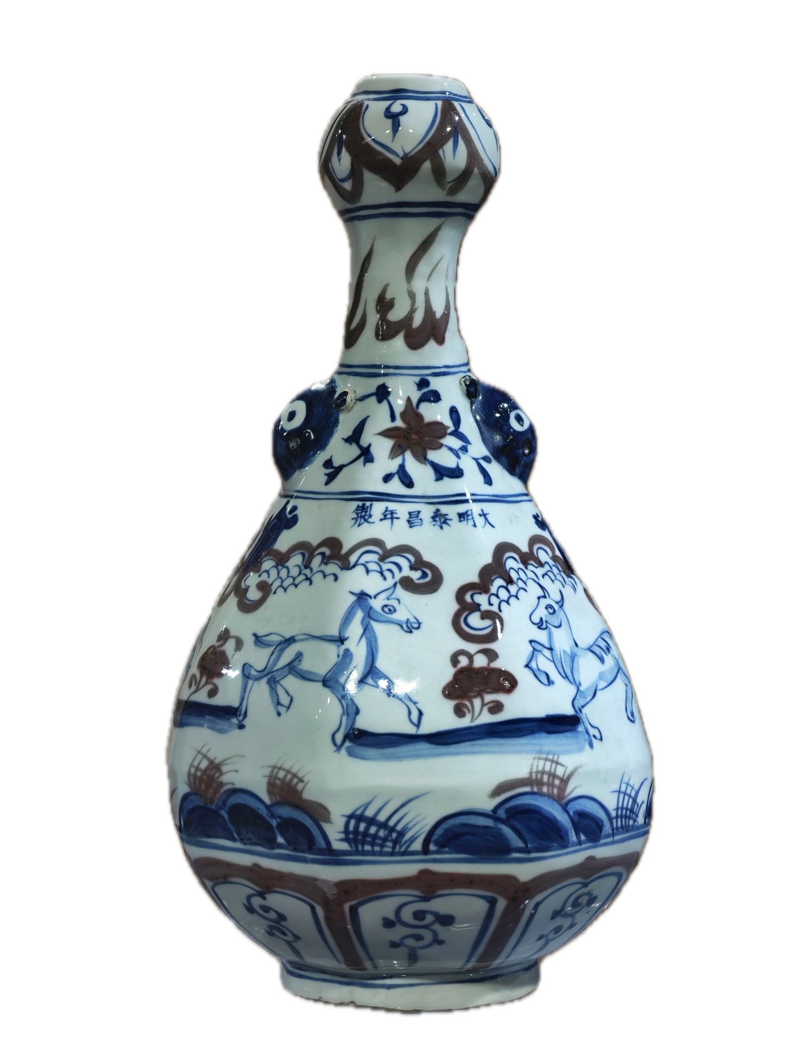 A blue and white underglaze red garlic-shaped vase with a hand-painted figure and story design, (1 of 9)