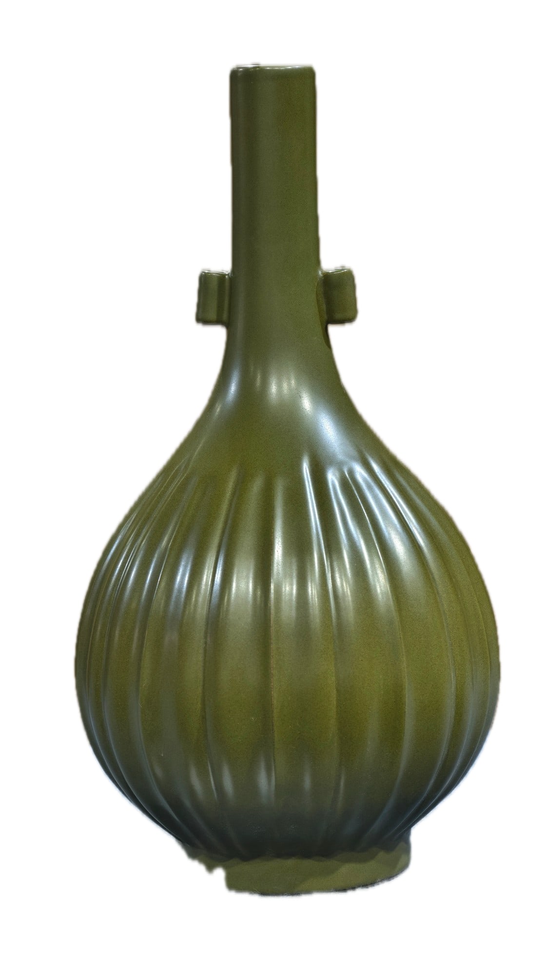 A monochrome tea-dust glazed folding fan-shaped vase with handles, bearing the mark "Made in the: A monochrome tea-dust glazed folding fan-shaped vase with handles, bearing the mark "Made in the Yongzheng Reign of the Great Qing Dynasty," measuring 44 cm in height and 24 cm in width. Provenance:Th