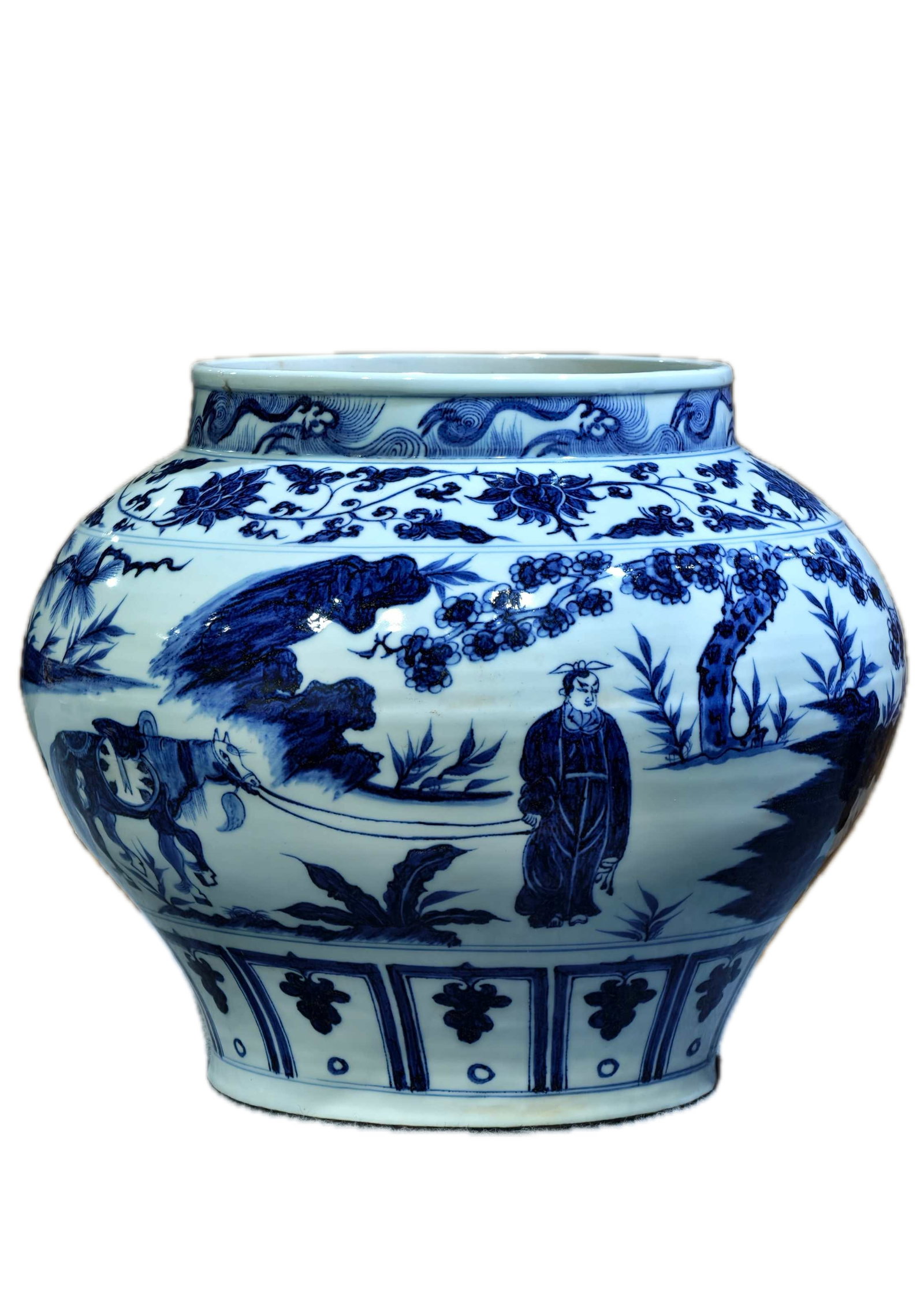 Formerly in the collection, Yuan blue and white porcelain jar with three marks depicting the story: Formerly in the collection, Yuan blue and white porcelain jar with three marks depicting the story of Xiao He chasing Han Xin under the moon, 29 cm high and 34 cm wide. Provenance:From a noted private