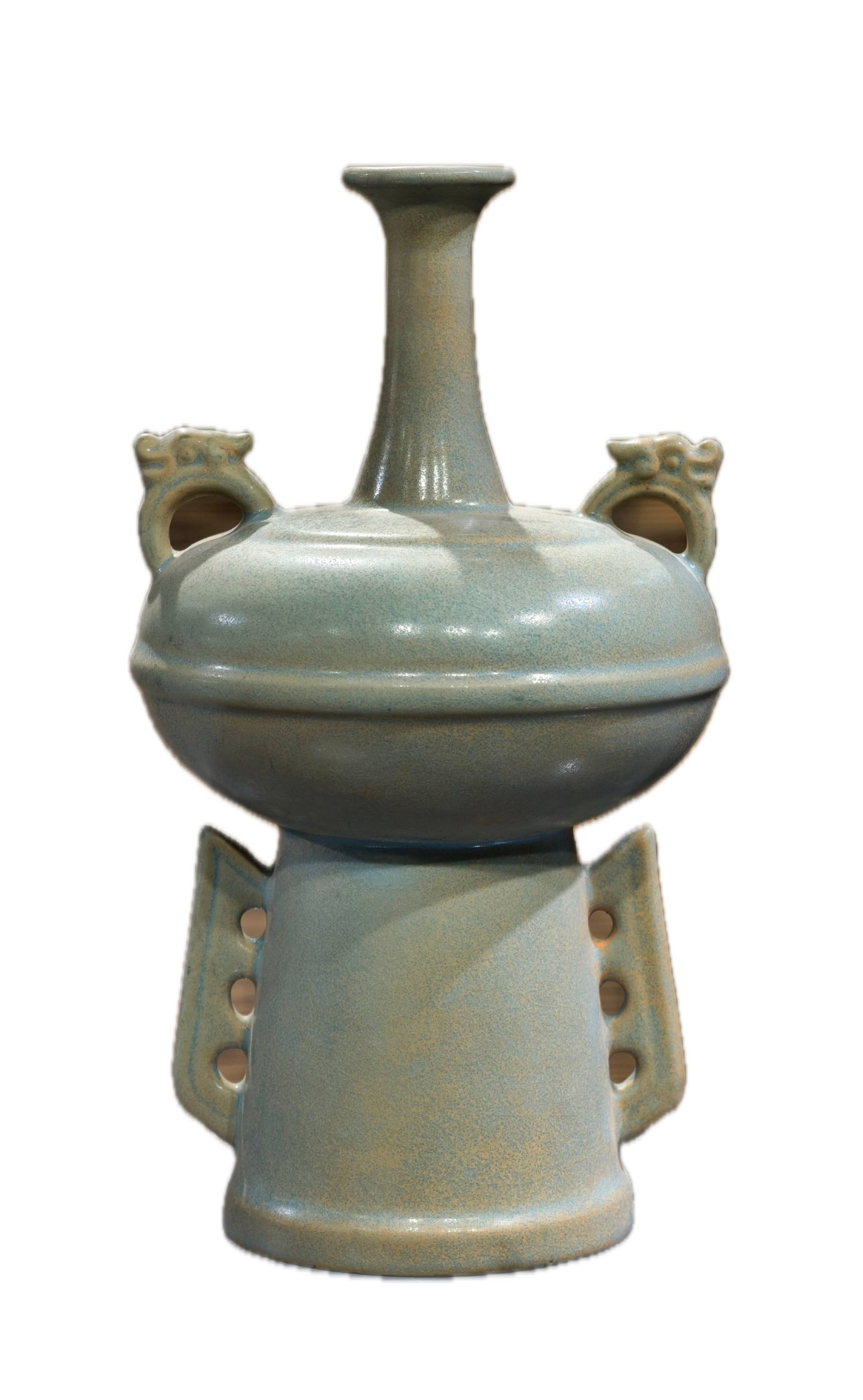 Formerly owned by Ru ware, one of the five great kilns of China, with celadon glaze and small: Formerly in the collection of a Ru ware celadon vase with small crackle glaze and spur marks, one of the five great kilns of China, 26 cm high and 15 cm wide. Provenance:From a noted private collectio