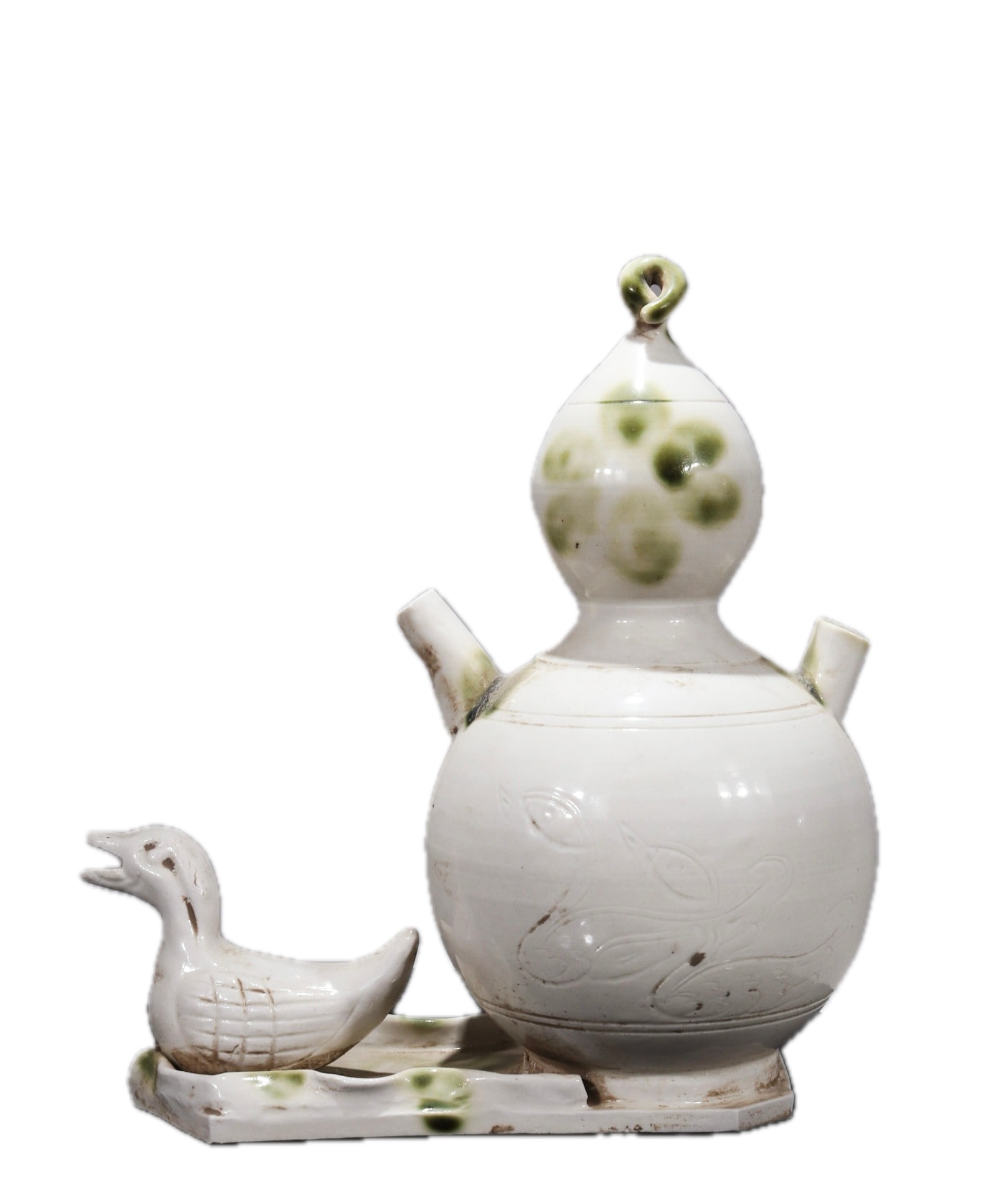 Old Collection White Glazed Incised Gourd Duck Smoker: Formerly owned white-glazed gourd-shaped duck incense burner with incised design, 23 cm high and 22 cm wide. Provenance:From a noted private collection in Aix-en-Provence, France. We warmly invite col