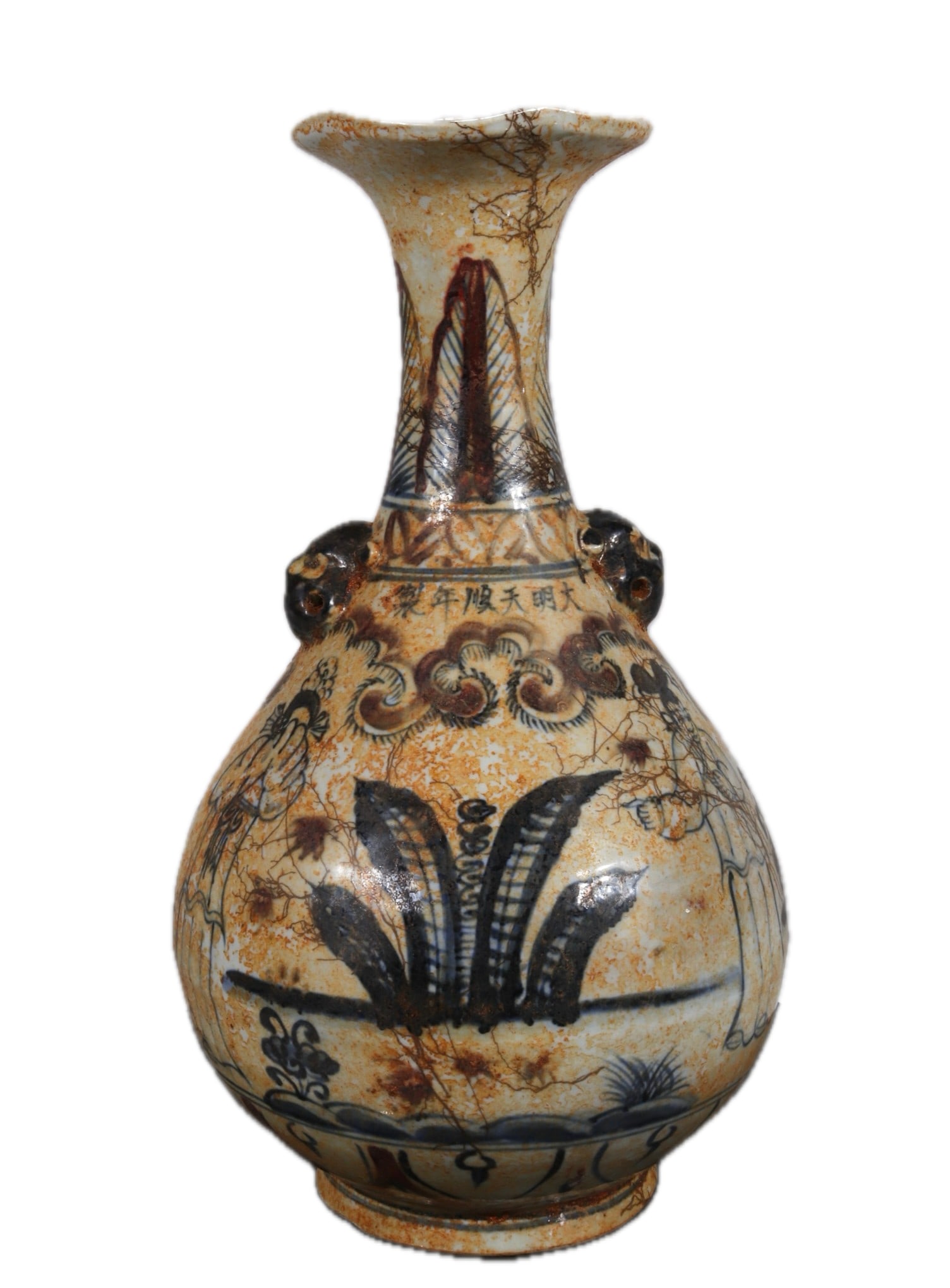 A blue and white porcelain vase with a story depicting figures and tree roots, formerly in the (1 of 9)