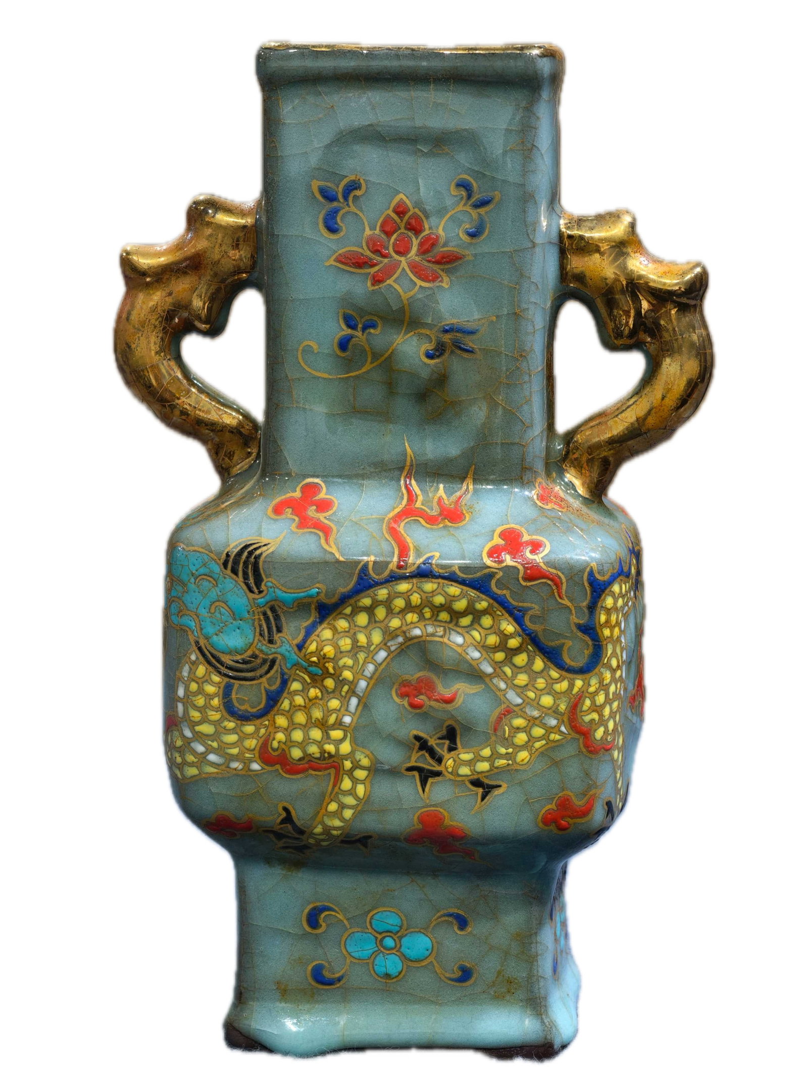 Formerly in the collection, marked "Feng Hua" celadon small crackle vase with dragon and phoenix (1 of 9)