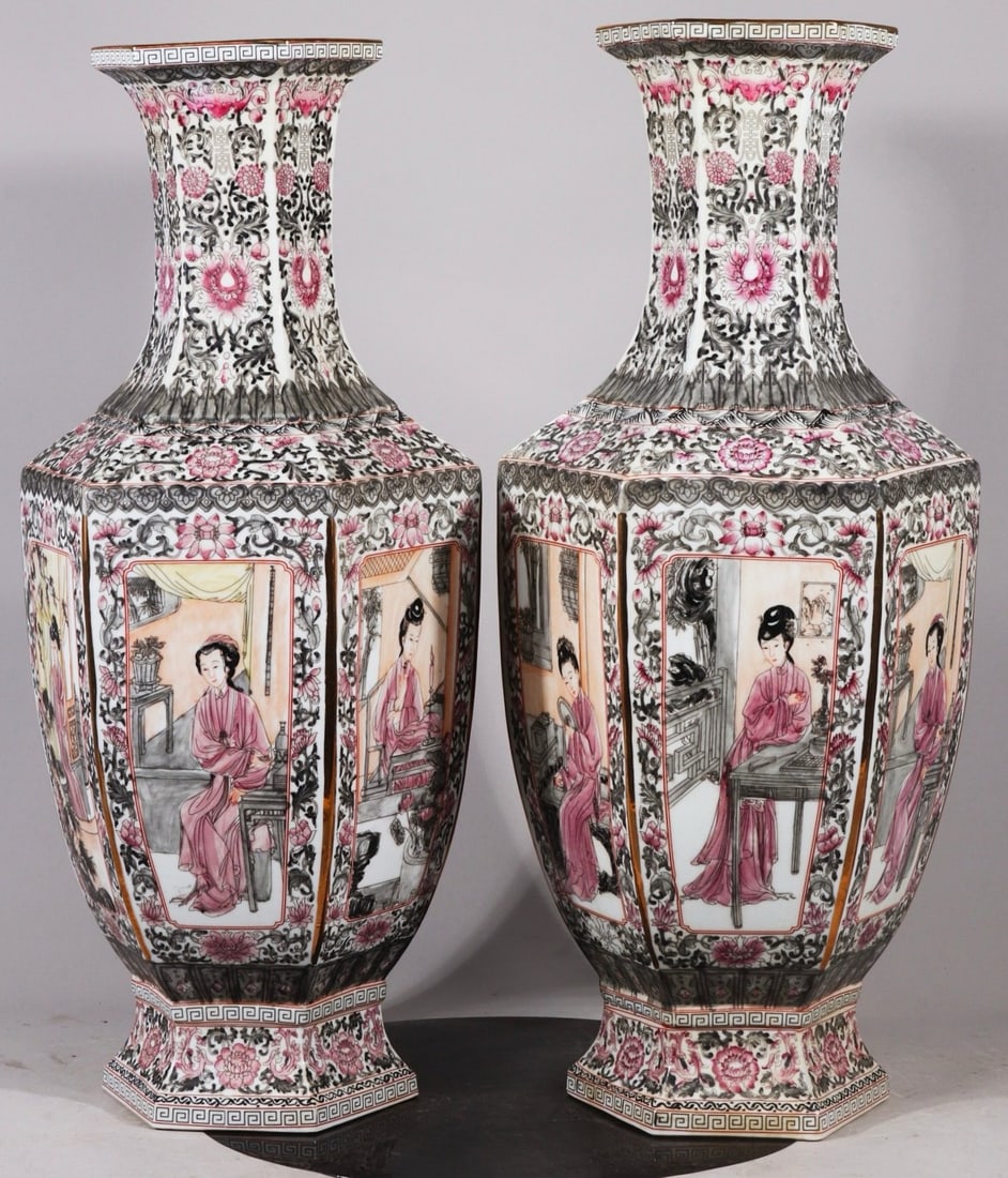 A pair of ink-painted vases with a windowed design of maidens, formerly in the collection and (1 of 9)
