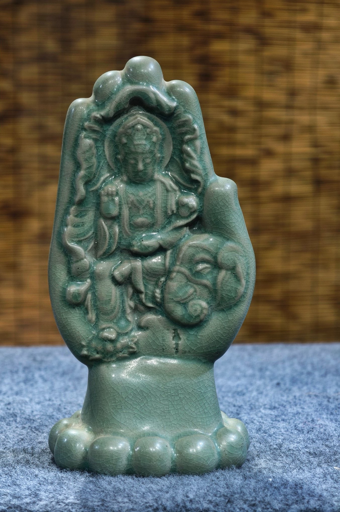 Old Collection of Song Dynasty Ru Ware Small Crackled Palm Buddha Ornament (1 of 9)