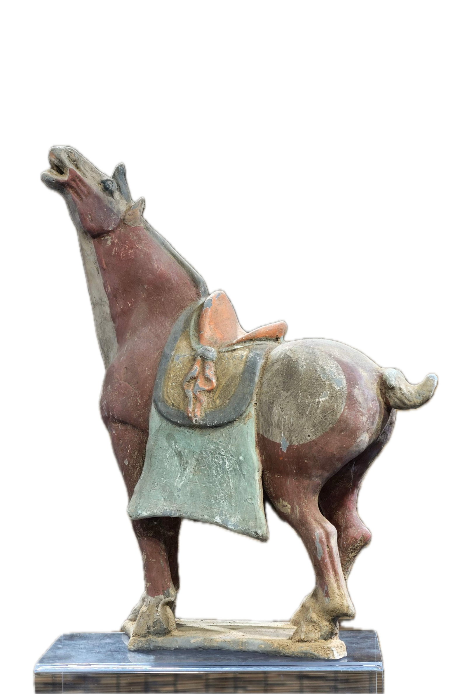 An old collection of painted pottery warhorses roaring to the sky; the object is a painted pottery (1 of 11)