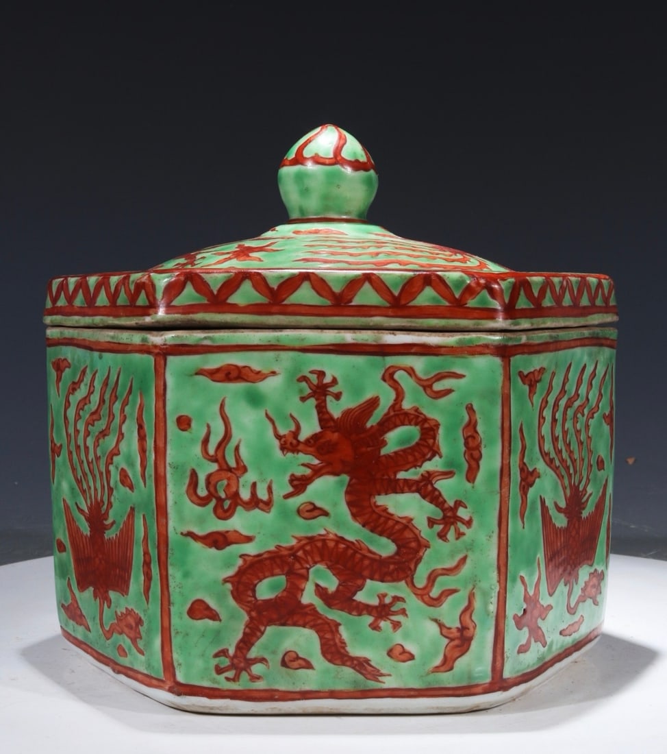 An octagonal box with red and green enamel dragon and phoenix design, bearing the mark "Made in the (1 of 9)