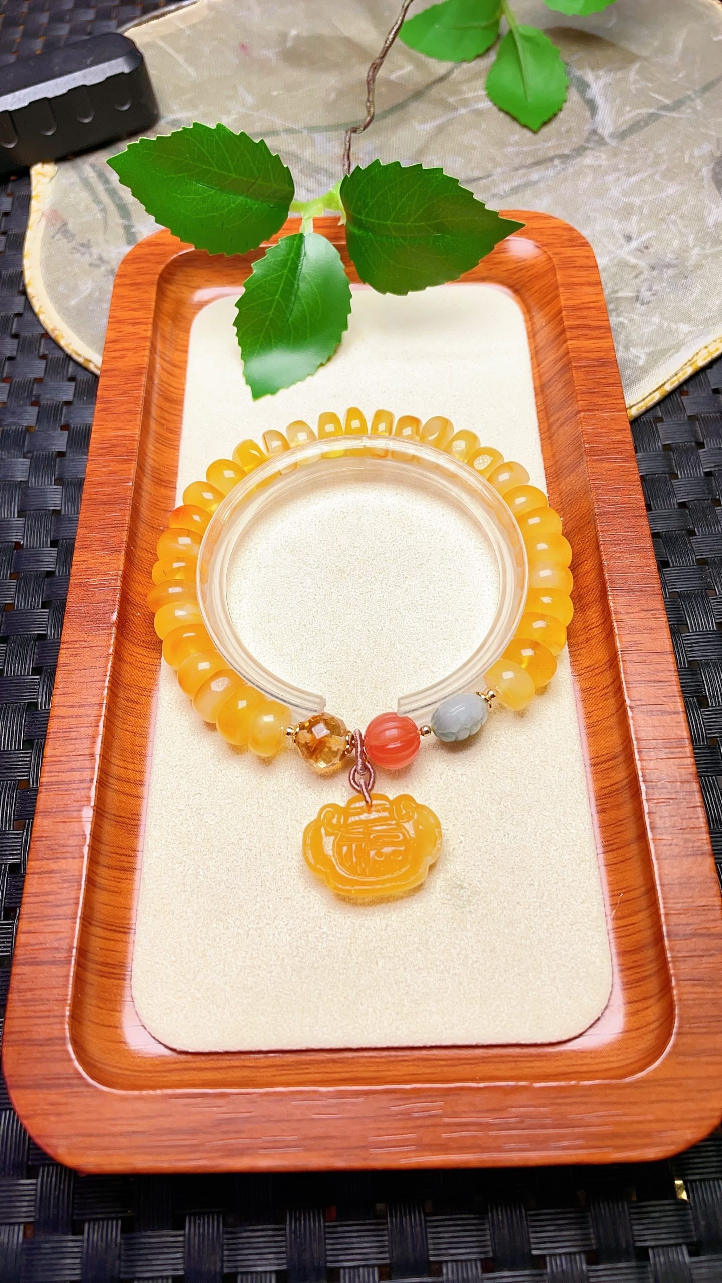 Original handmade custom natural amber beaded bracelet: This original, handcrafted natural amber beaded bracelet boasts a lustrous sheen and measures 9.2mm. It features natural citrine, red agate beads, and Grade A jadeite, all set with a natural amber ruy
