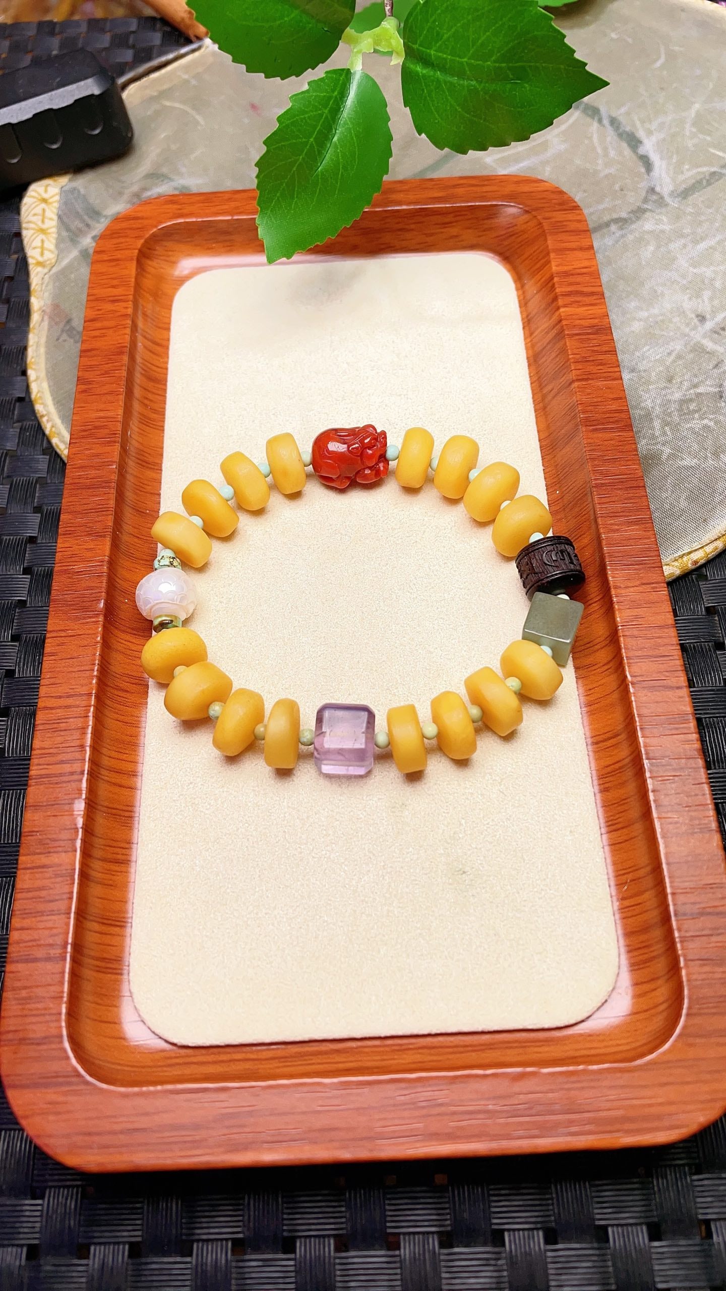 Original handmade custom natural amber beaded multi-gemstone bracelet: Original handmade custom-made natural amber beaded multi-gemstone bracelet with a lustrous sheen. Size: 10.9mm. Features natural red agate Pixiu, amethyst sugar cubes, pearls, Hetian jade sugar cubes,