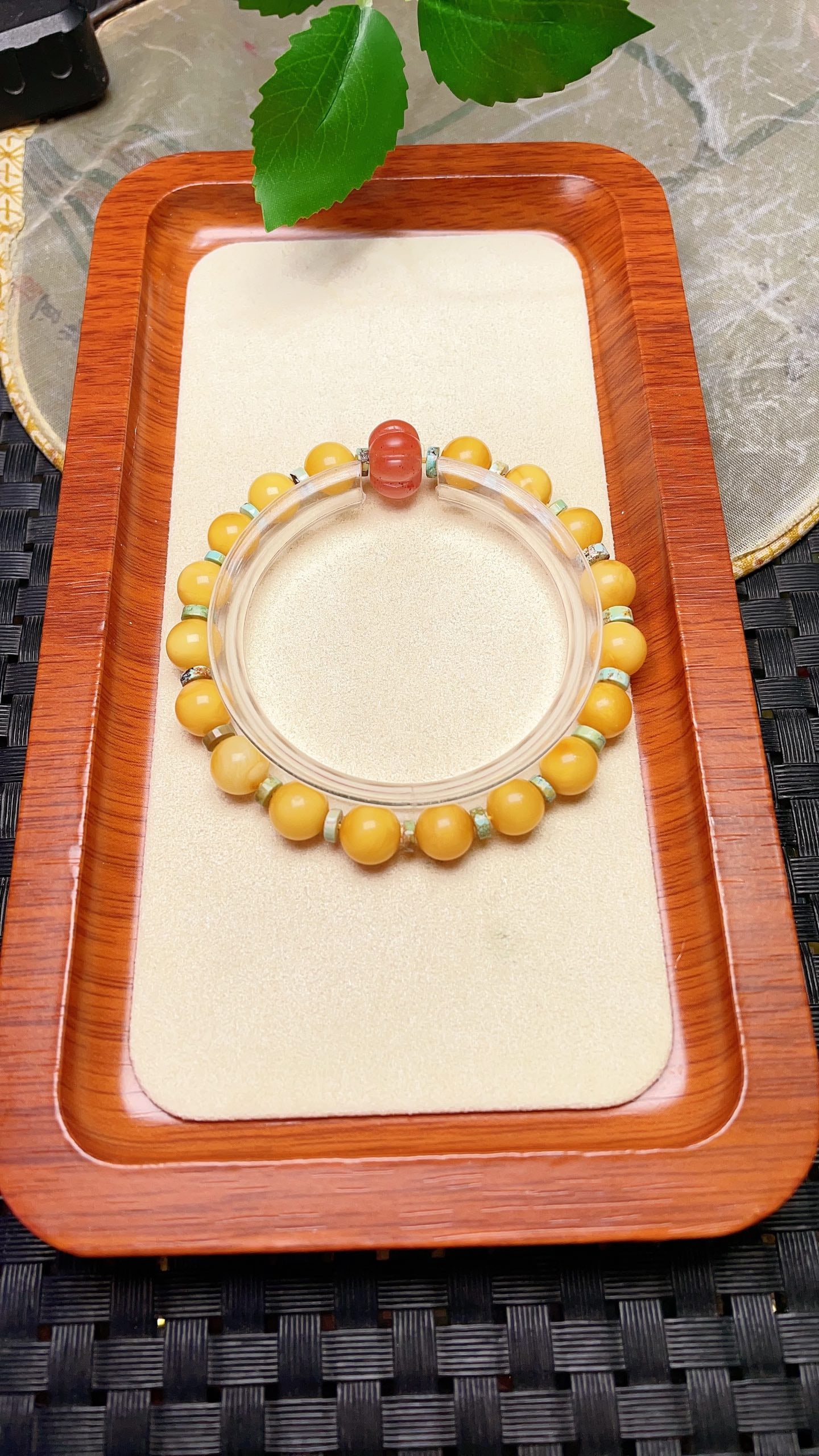 Original handmade custom natural amber bracelet: Original handmade natural amber bracelet with a lustrous, oily sheen. Size: 8.3mm. Features natural red agate pumpkin beads and raw turquoise spacers. Stylish and versatile. Provenance:A notable priva