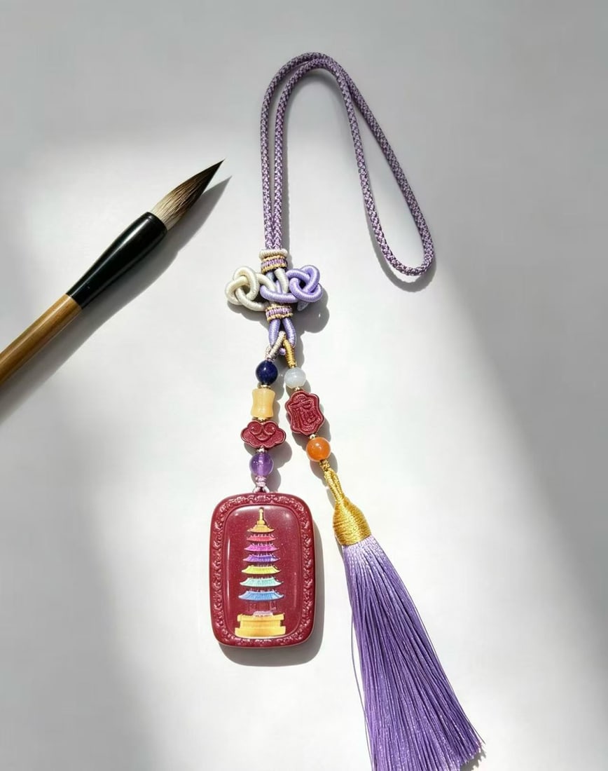Purple Gold Sand Painted Wenchang Pagoda Car Pendant: Xiaobaijia Cinnabar, bringing good wishes home (new style) Purple Gold Sand Painted Wenchang Pagoda Car Pendant Size: 39.7X28mm Provenance:Private collection from a professor in University of Oxford. 