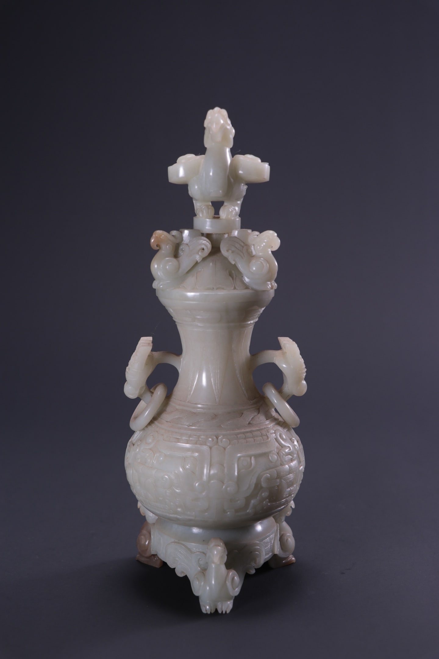 Formerly in the collection, Hetian jade vase with taotie design and movable ring handles (1 of 9)