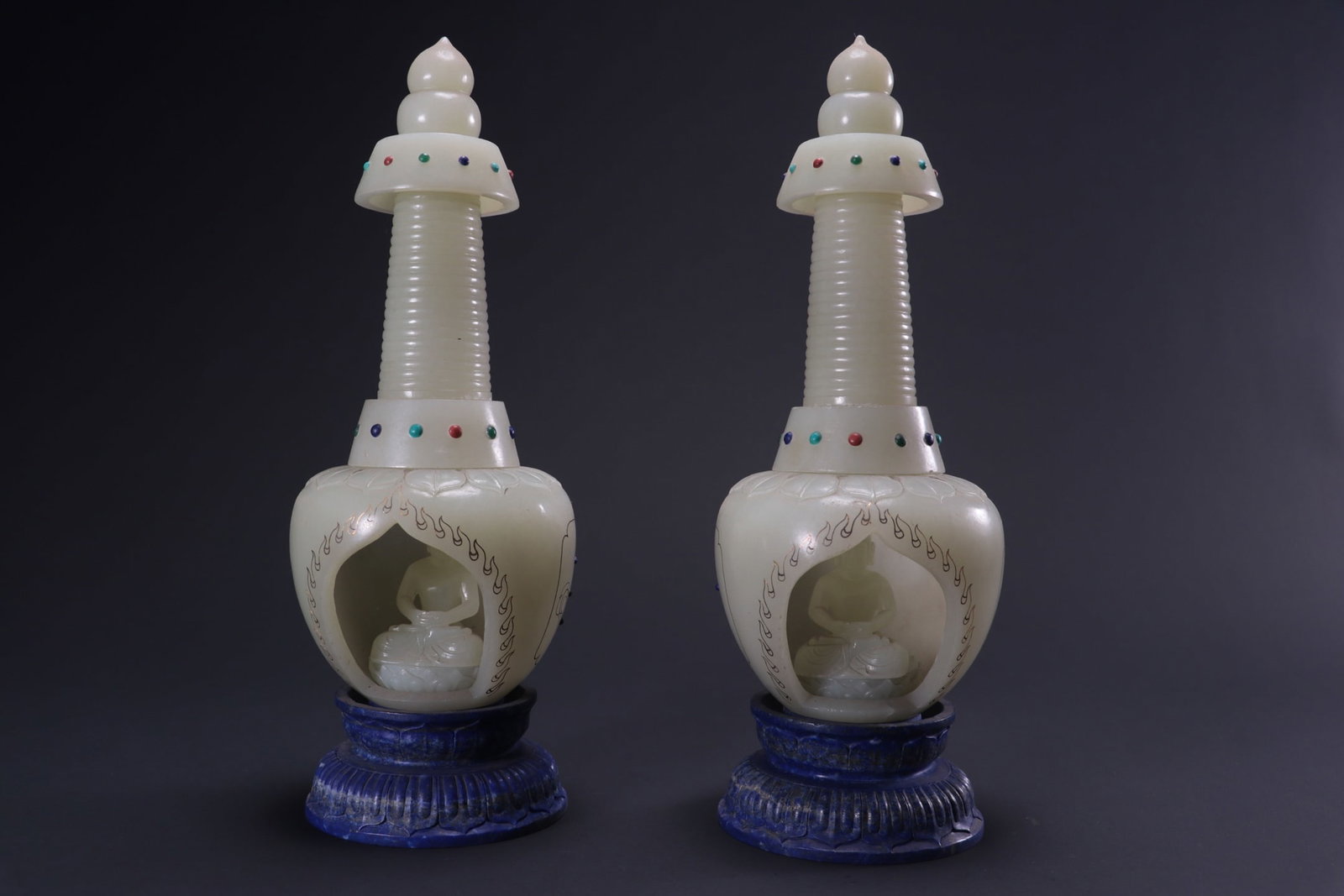 Formerly in the collection: Hetian jade pagoda inlaid with gold and silver wire and gemstones: Formerly in the collection: Hetian jade pagoda inlaid with gold and silver wire and gemstones Provenance:Private collection, Liverpool, The United Kingdom. We warmly invite collectors, colleagues, and