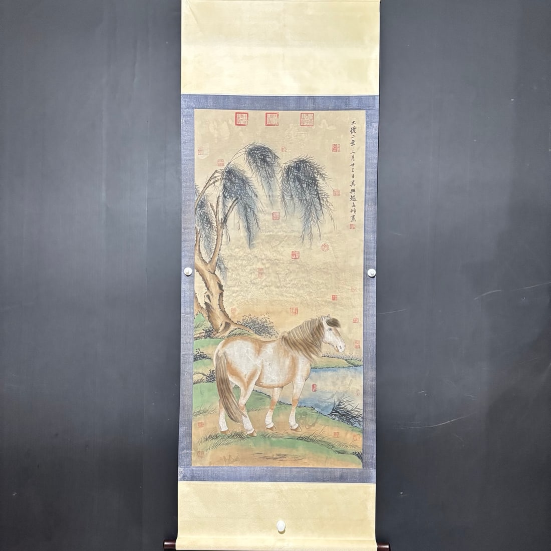 Hand-painted ancient Chinese hanging scroll painting of Zhao Mengfu overlooking a galloping horse. (1 of 8)