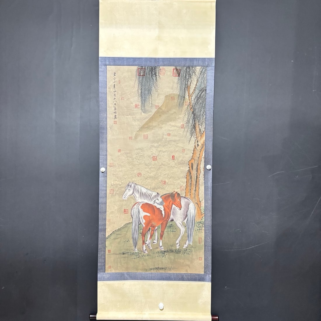 Hand-painted ancient Chinese hanging scroll painting of Zhao Mengfu overlooking a galloping horse. (1 of 8)
