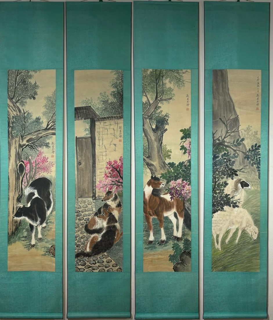 Liu Kuiling's Animal Painting Hanging Scroll (Four Panels) (1 of 9)