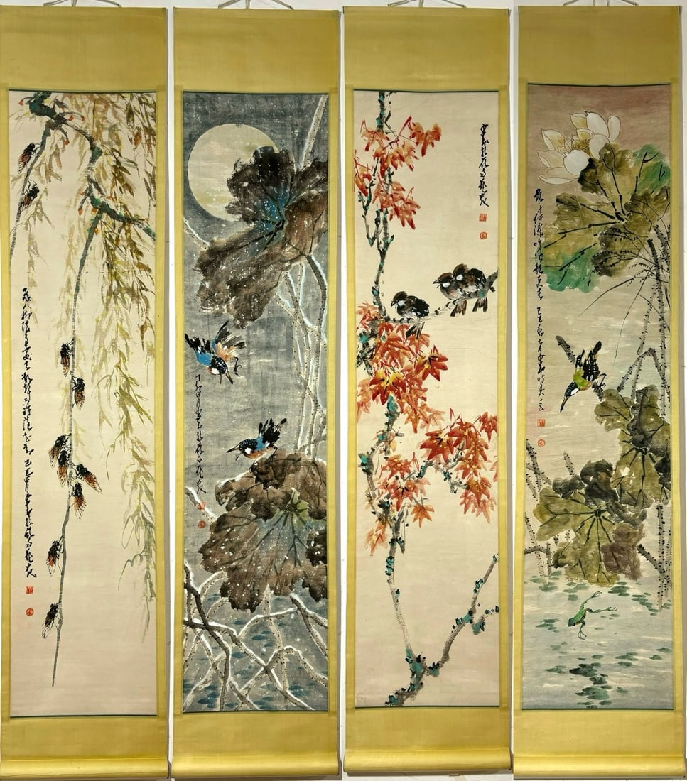 Zhao Shaoang's Four-Panel Hanging Scroll of Flowers and Birds: Zhao Shaoang's four-panel hanging scroll of flower-and-bird paintings measures 169 x 36.5 cm for the entire scroll and 137.5 x 32 cm for the individual painting. Provenance:Private collection, Athens,