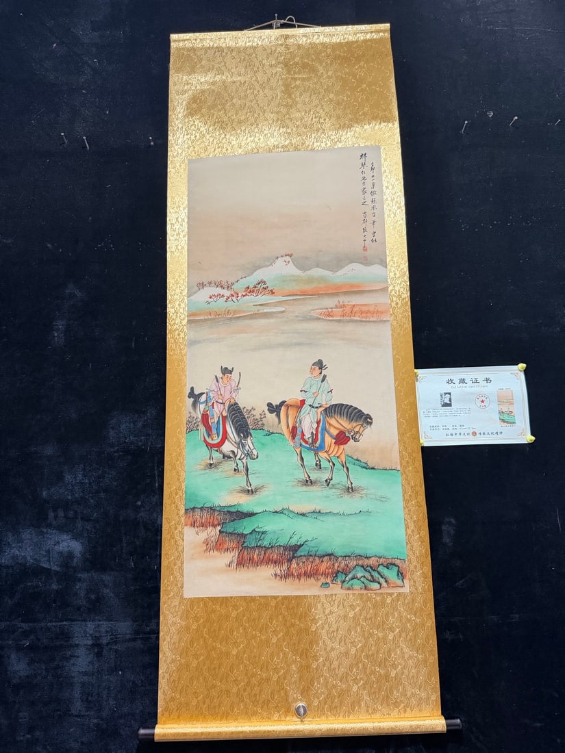 Zhang Daqian's Hunting Scene: Large four-foot hanging scroll, aged with certificate and anti-counterfeiting features: Hunting Scene; Artist: Zhang Daqian; Material: Xuan paper; Dimensions: Height 205cm, Width 69cm; Painting size: 