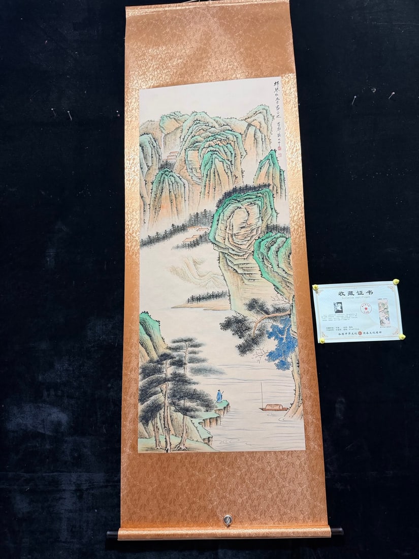 Zhang Daqian's "Waiting for the Ferry": Large four-foot hanging scroll, aged with certificate and anti-counterfeiting features: "Waiting for the Ferryman" by Zhang Daqian; Material: Xuan paper; Dimensions: Height 205cm, Width 69cm; Painting