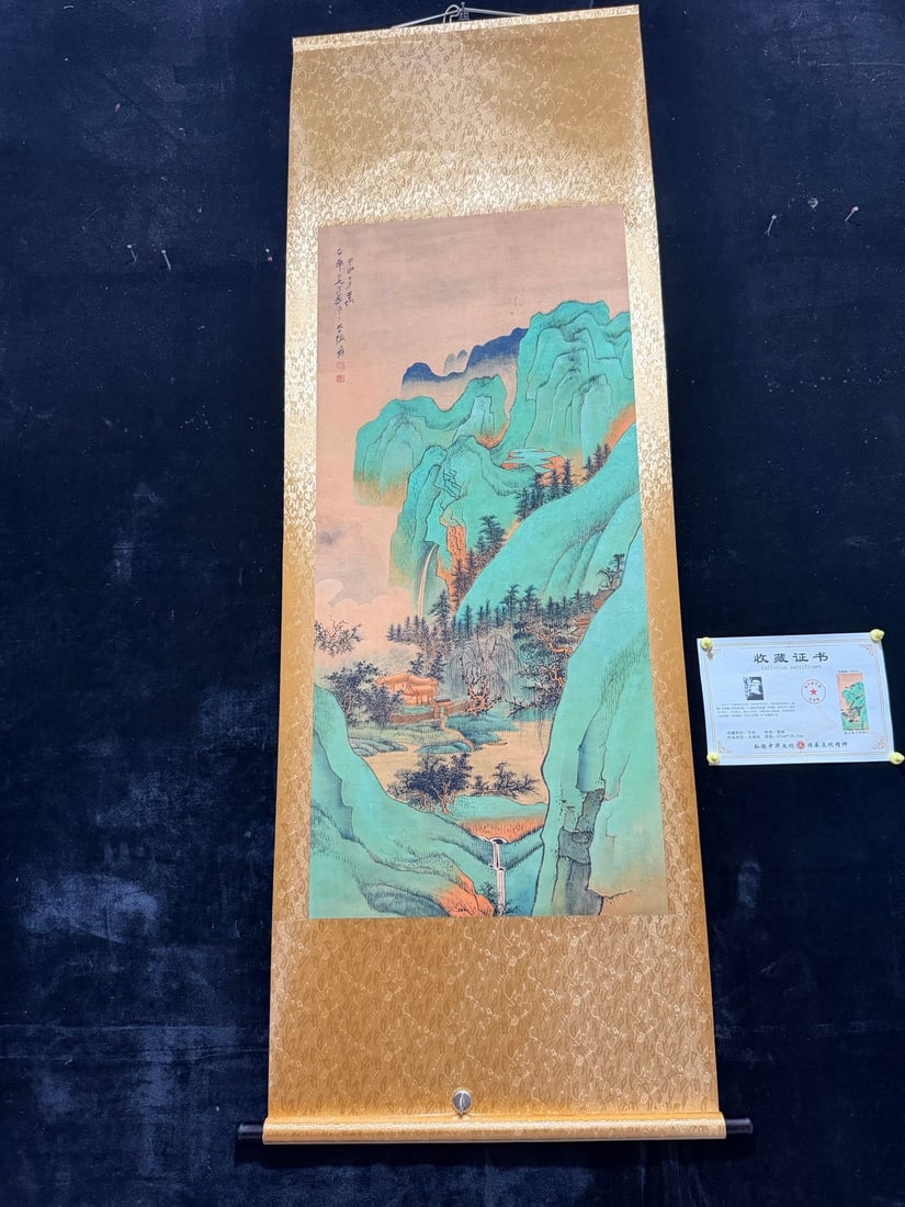 Zhang Daqian: There are homes deep in the mountains: Large four-foot hanging scroll, aged with certificate and anti-counterfeiting features: "A Home Deep in the Mountains" by Zhang Daqian. Materials: Xuan paper. Dimensions: Height 205cm, Width 69cm. Pai