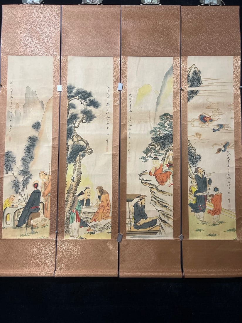 Zhang Daqian's figures: This is a set of four exquisitely crafted figure paintings in a box, all hand-painted by Zhang Daqian. Each painting is a unique image of the actual item. Mounted dimensions: 172cm x 38cm (height x wi