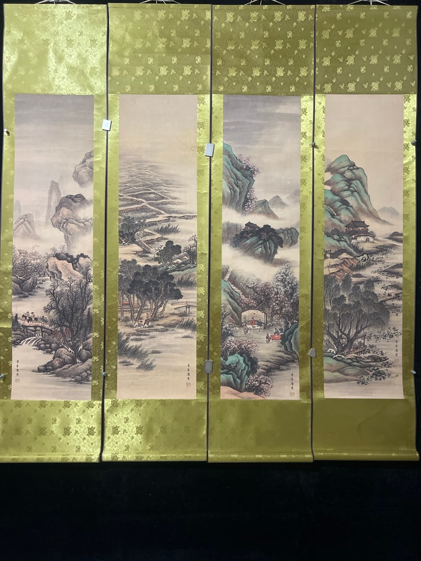 Tang Yin (Ming Dynasty) Landscape: This is a set of four exquisitely crafted landscape paintings in a box, painted by Tang Yin (Ming Dynasty). Each piece is hand-painted, and the photos show only one painting. Mounted dimensions: Heigh