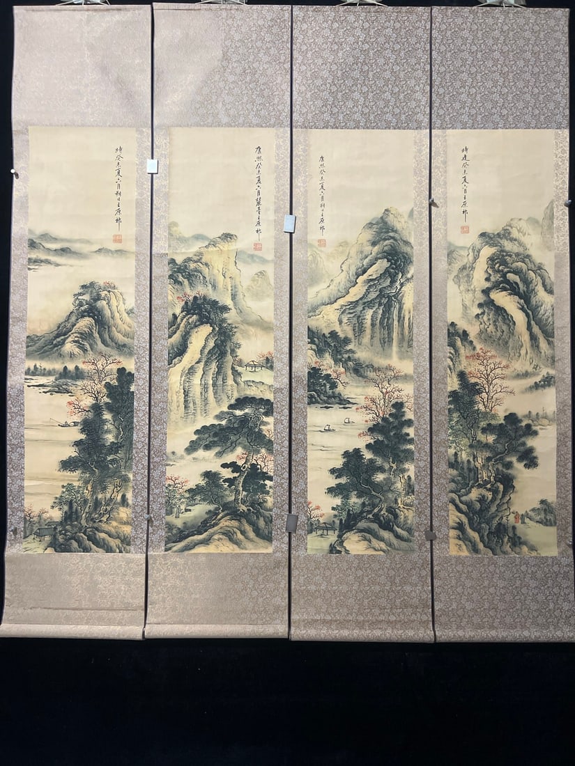 Wang Yuanqi (Qing Dynasty) Landscape Painting: This is a set of four exquisitely crafted landscape paintings in a box, by Wang Yuanqi (Qing Dynasty). Each painting is hand-painted and the actual item is shown in the photos. Mounted dimensions: Hei
