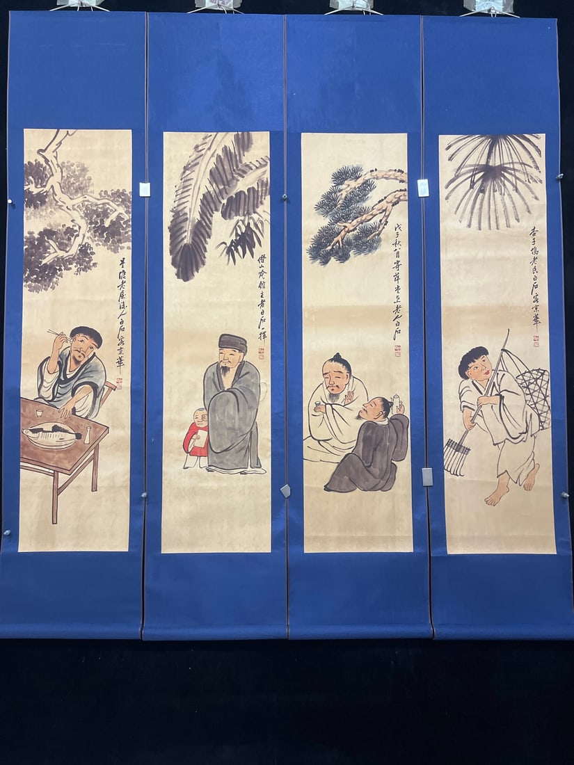 Bai Shi's characters: This is a set of four exquisite boxed paintings by Qi Baishi, featuring hand-painted figures. Each painting is a unique image of the actual item. Mounted dimensions: 172cm x 38cm (height x width); ind