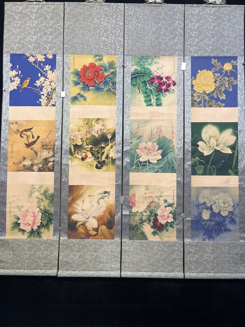Yu Zhizhen's Flowers and Birds: This is a set of four exquisitely crafted flower and bird paintings by Yu Zhizhen, all hand-painted. Each painting is a unique image of the actual item. Mounted dimensions: 172cm x 38cm (height x widt