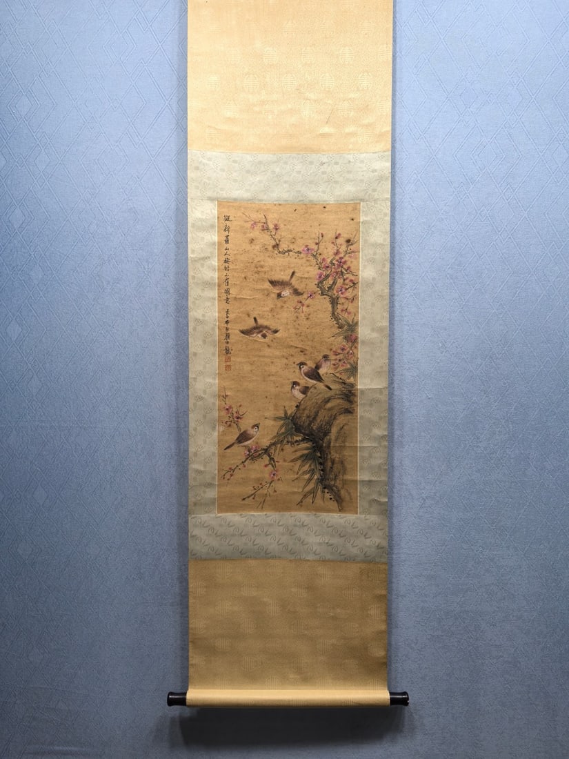Yan Bolong, Fine Paper Flower and Bird Painting: Yan Bolong's exquisite paper painting of flowers and birds, 34.5 x 75.2 cm. Provenance:Private collection from a professor in Paris-Saclay University. We warmly invite collectors, colleagues, and frie
