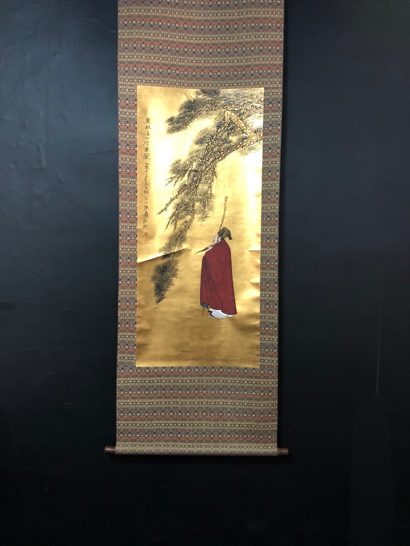 Zhang Daqian, Fine Paper Ink Painting, Gold Paper Figures: Zhang Daqian, Fine ink and color on paper, gold-leaf figure, 54.5 x 121.5 cm Provenance:Private collection from a professor in KTH Royal Institute of Technology. We warmly invite collectors, colleague