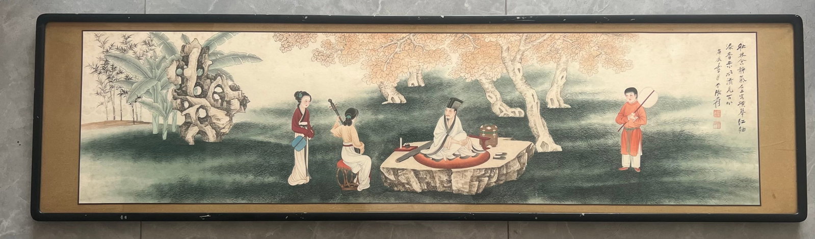 Zhang Daqian's paper figure painting, old framed.: Zhang Daqian's paper figure painting, formerly in an old frame, measures 45 x 166 cm, with the painting itself measuring 37 x 147 cm. Provenance:From a noted private collection in Aix-en-Provence, Fra