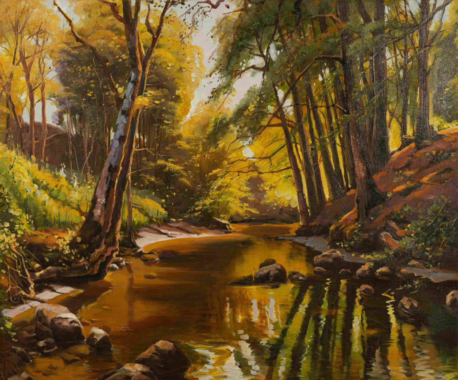Creek: Painted by Wang Chunsheng 50 x 60 cmUnframed Oil On Canvas Condition:Superb condition with only minor old wear.