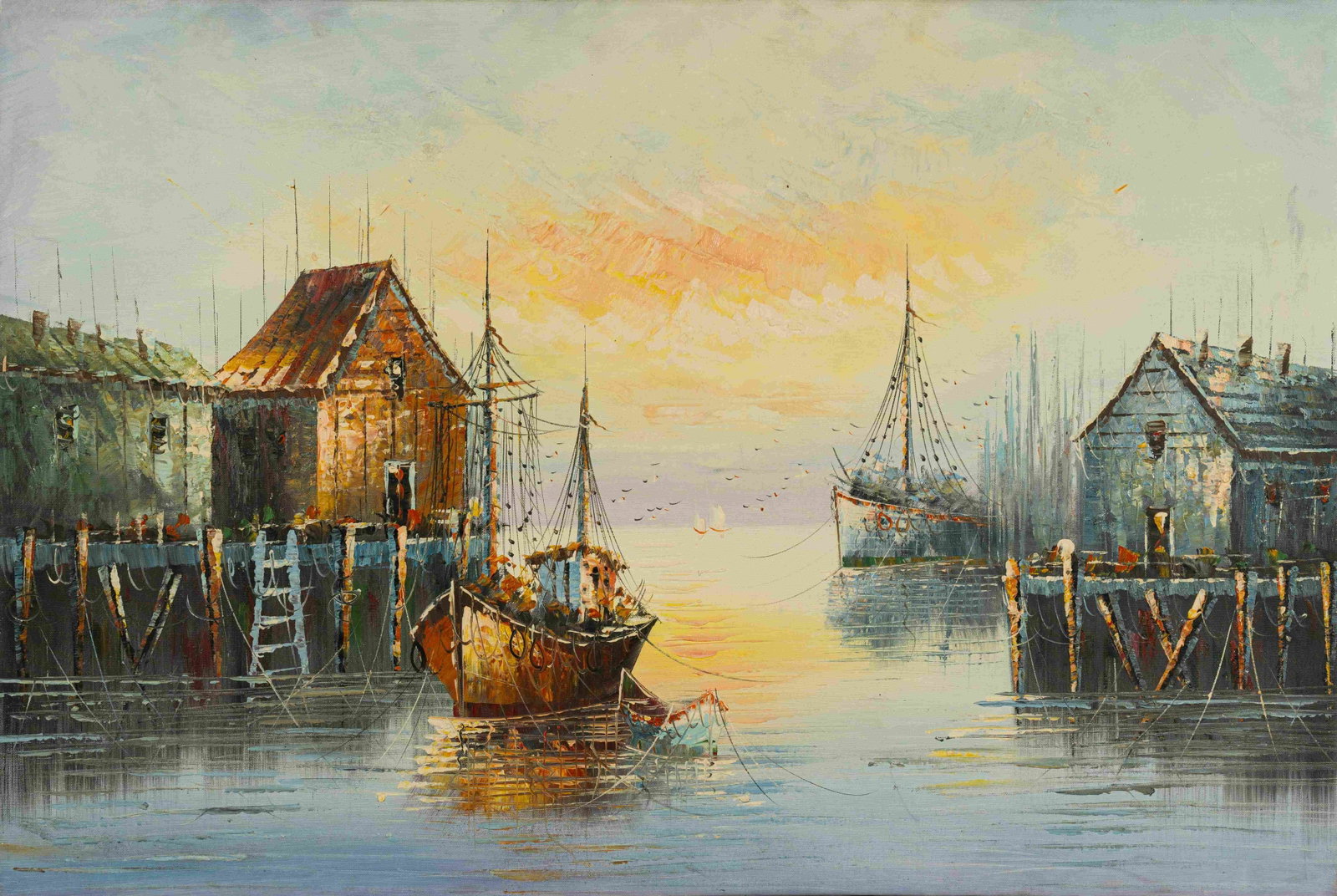 Small harbor: Painted by Lujiang 60 x 90 cmUnframed Oil On Canvas Condition:Very good condition with only minor old wear, expected natural imperfections including age wrinkles.