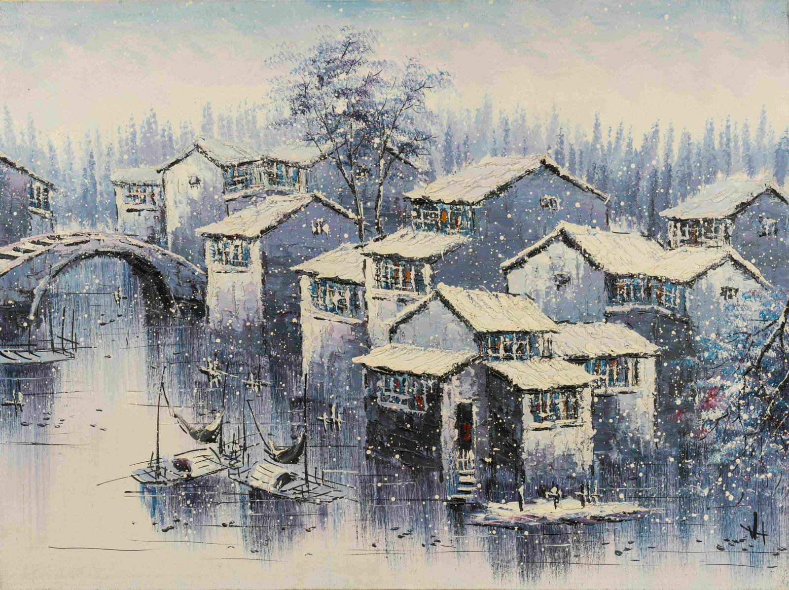 Early snow small town: Painted by Qiu Xili 58 x 78 cmUnframed Oil On Canvas Condition:Good condition with signs of aged wear.