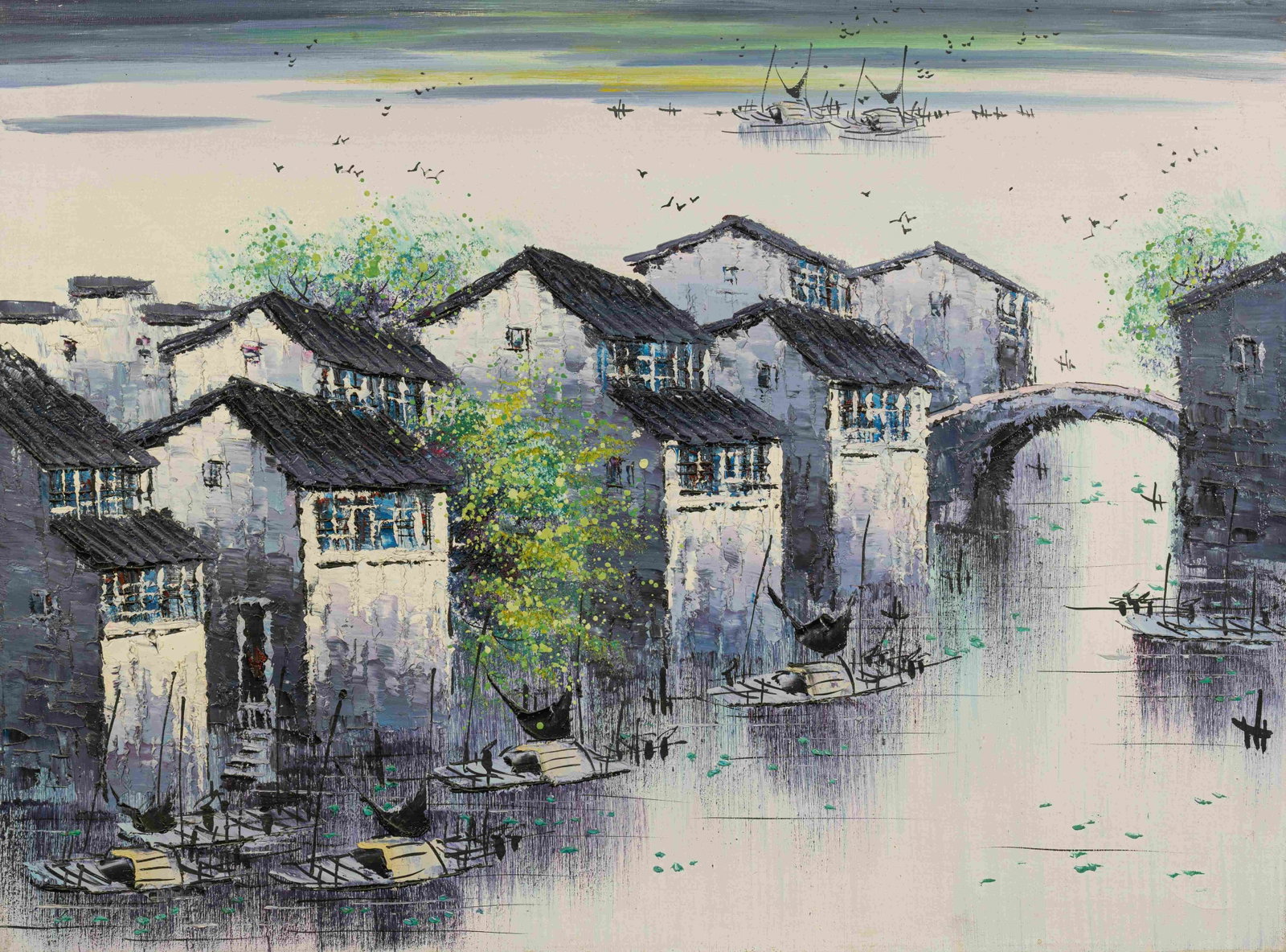 Spring of the Small Town: Painted by Qiu Xili 58 x 78 cmUnframed Oil On Canvas Condition:Very good condition with only minor old wear, expected natural imperfections including age wrinkles.