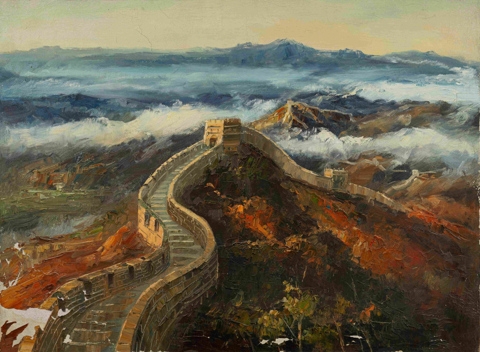 Great Wall: Painted by Qiu Xili 56 x 76 cmUnframed Oil On Canvas Condition:Very good condition with only minor old wear.