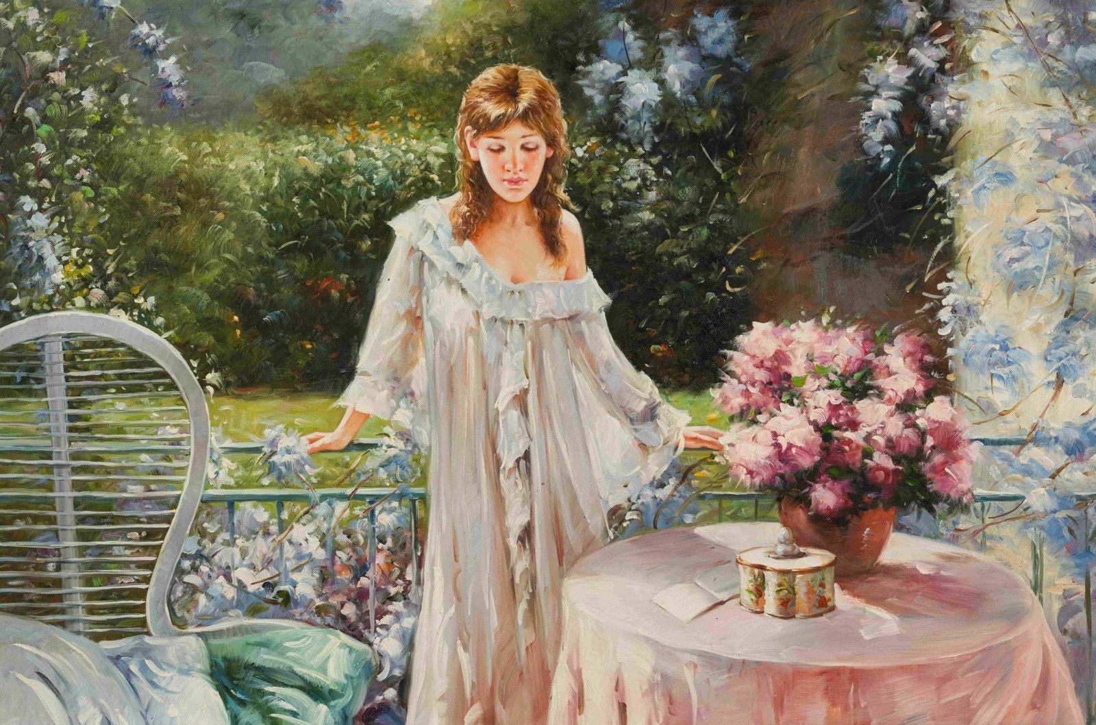 The woman in the garden: Painted by Zhu Fachuan 60 x 90 cmUnframed Oil On Canvas Condition:Good condition with signs of aged wear.