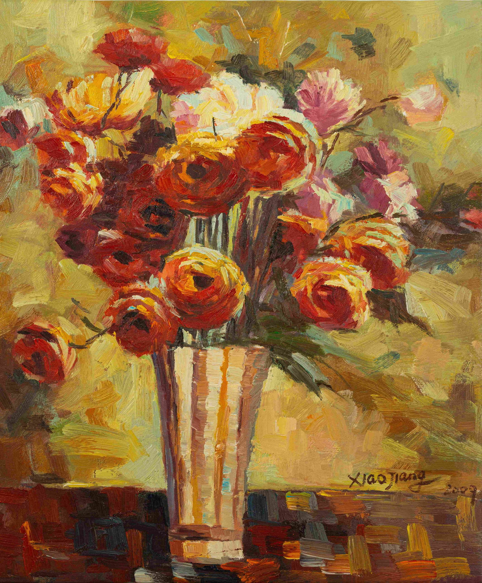 Bottle flower: Painted by Lujiang 50 x 60 cmUnframed Oil On Canvas Condition:Very good condition with only minor old wear.