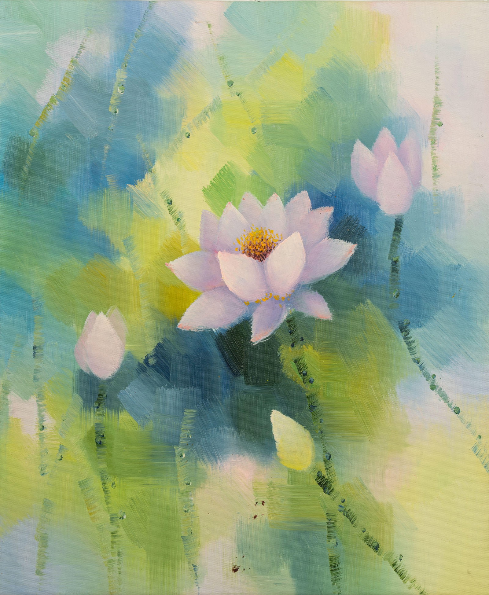 Pink lotus: Painted by Jiangshan 50 x 60 cmUnframed Oil On Canvas Condition:Minor old wear and weathering.