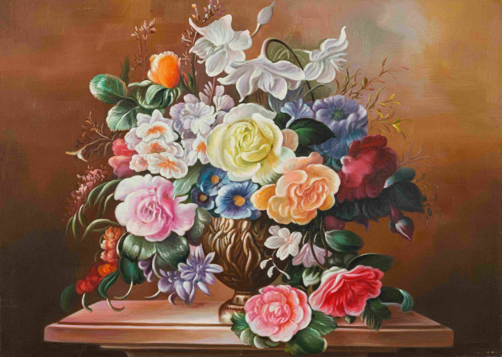 Flowers: Painted by Lujiang 50 x 70 cmUnframed Oil On Canvas Condition:Very good condition with only minor old wear, expected natural imperfections including age wrinkles.