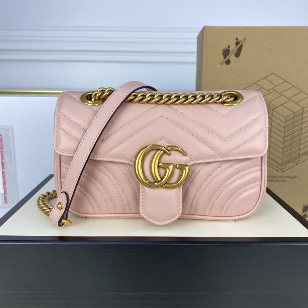 GUCCI MARMONT Cherry Blossom Pink: We offer FREE SHIPPING for both domestic and international clients who bid over $500. This GUCCI MARMONT cherry blossom pink small Italian leather bag feels amazing! The leather texture is incredible,