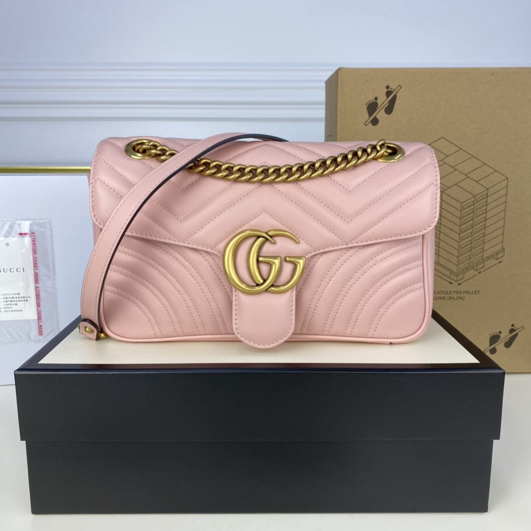 GUCCI MARMONT Cherry Blossom Pink: We offer FREE SHIPPING for both domestic and international clients who bid over $500. The GUCCI MARMONT medium-sized cherry blossom pink bag boasts a structured yet soft silhouette and an oversized fl