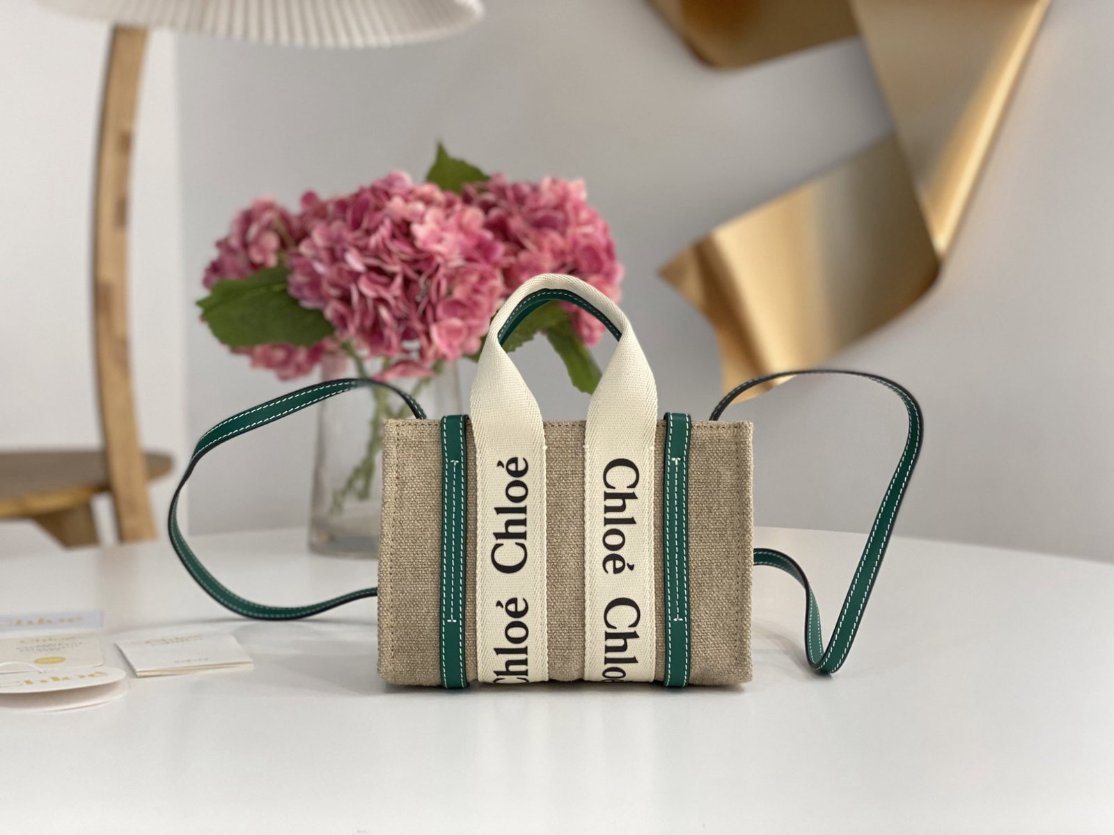 Chloe Tote Bag, Woody Mini: We offer FREE SHIPPING for both domestic and international clients who bid over $500. Mini Emerald Green Chloe Tote Bag, Woody Mini Shoulder Strap Version. This adorable Woody tote bag features a stri